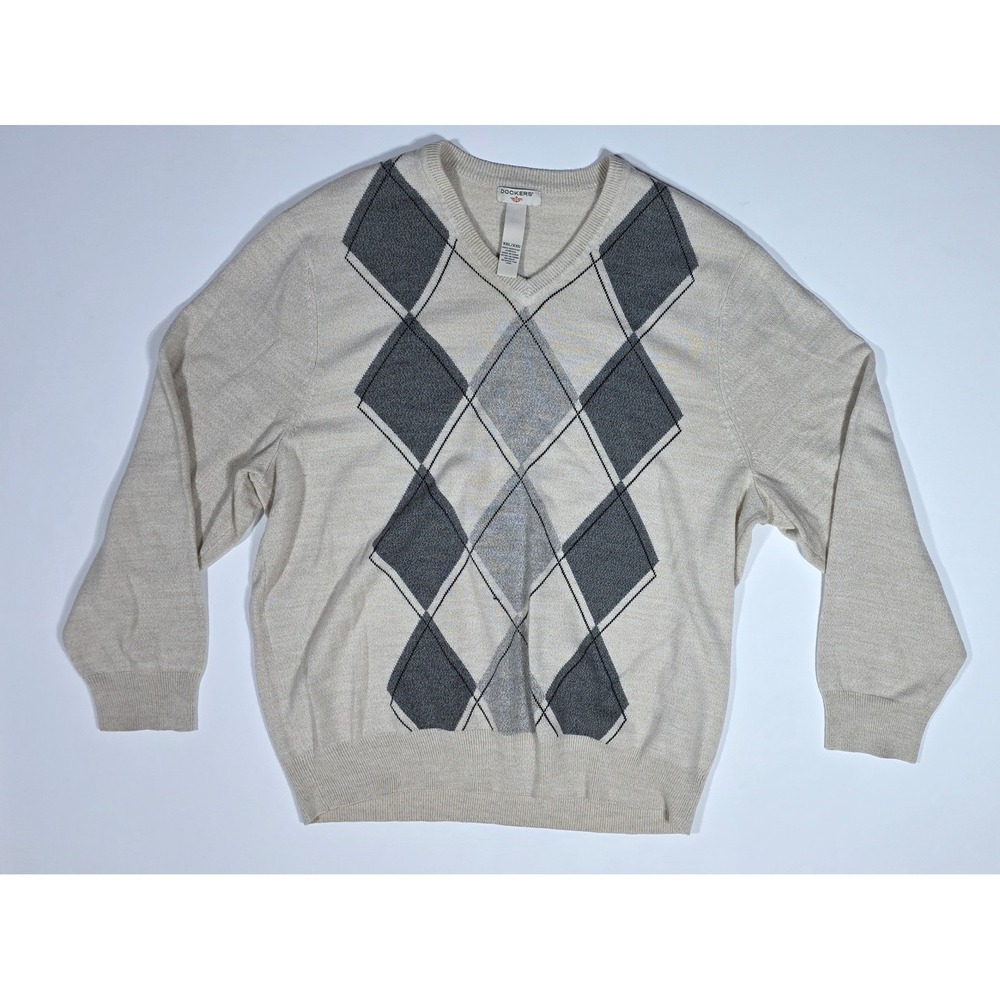 Dockers Mens XXL Argyle V-Neck Sweater Cream Grey Acrylic Knit Pullover